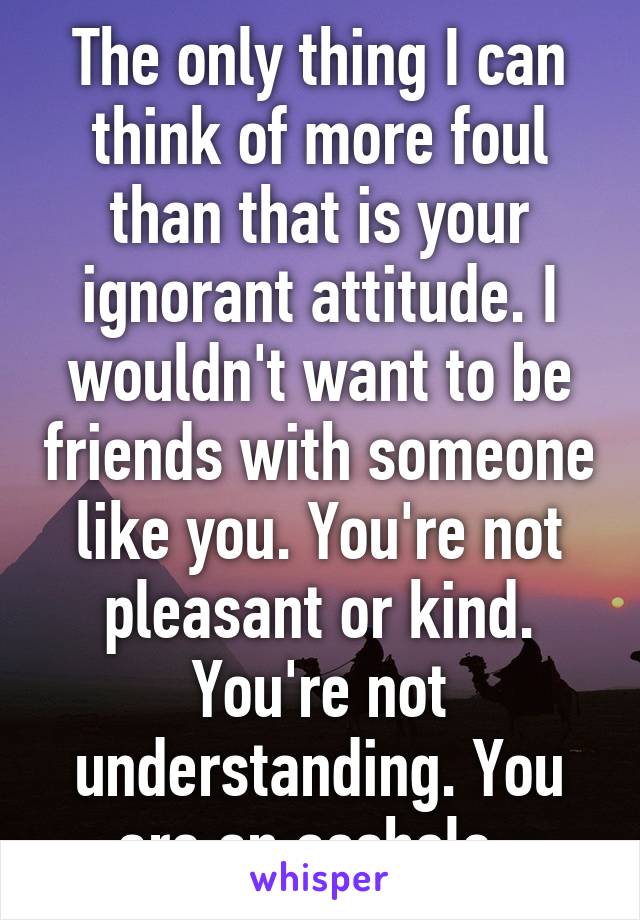 The only thing I can think of more foul than that is your ignorant attitude. I wouldn't want to be friends with someone like you. You're not pleasant or kind. You're not understanding. You are an asshole. 