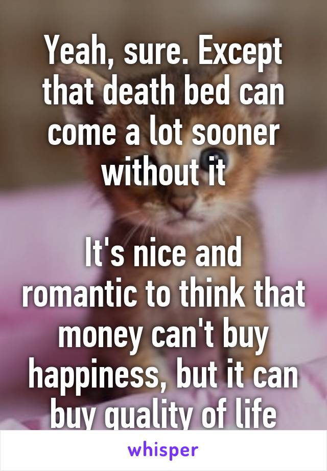 Yeah, sure. Except that death bed can come a lot sooner without it

It's nice and romantic to think that money can't buy happiness, but it can buy quality of life