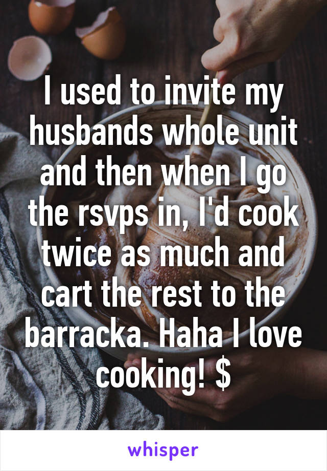 I used to invite my husbands whole unit and then when I go the rsvps in, I'd cook twice as much and cart the rest to the barracka. Haha I love cooking! $