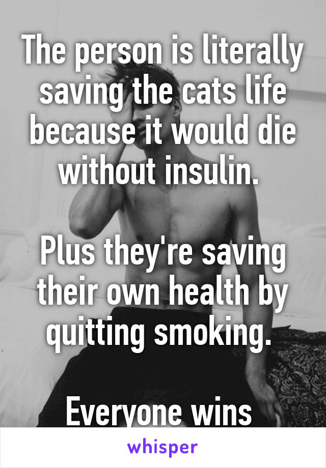 The person is literally saving the cats life because it would die without insulin. 

Plus they're saving their own health by quitting smoking. 

Everyone wins 