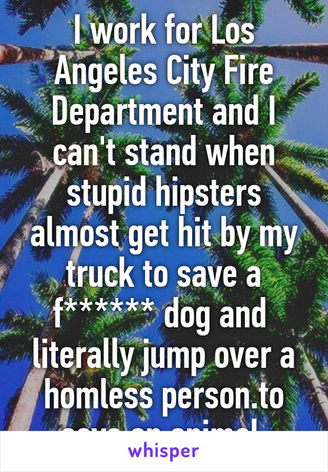 I work for Los Angeles City Fire Department and I can't stand when stupid hipsters almost get hit by my truck to save a f****** dog and  literally jump over a homless person.to save an animal.