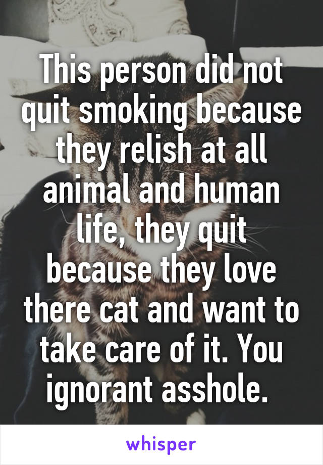 This person did not quit smoking because they relish at all animal and human life, they quit because they love there cat and want to take care of it. You ignorant asshole. 