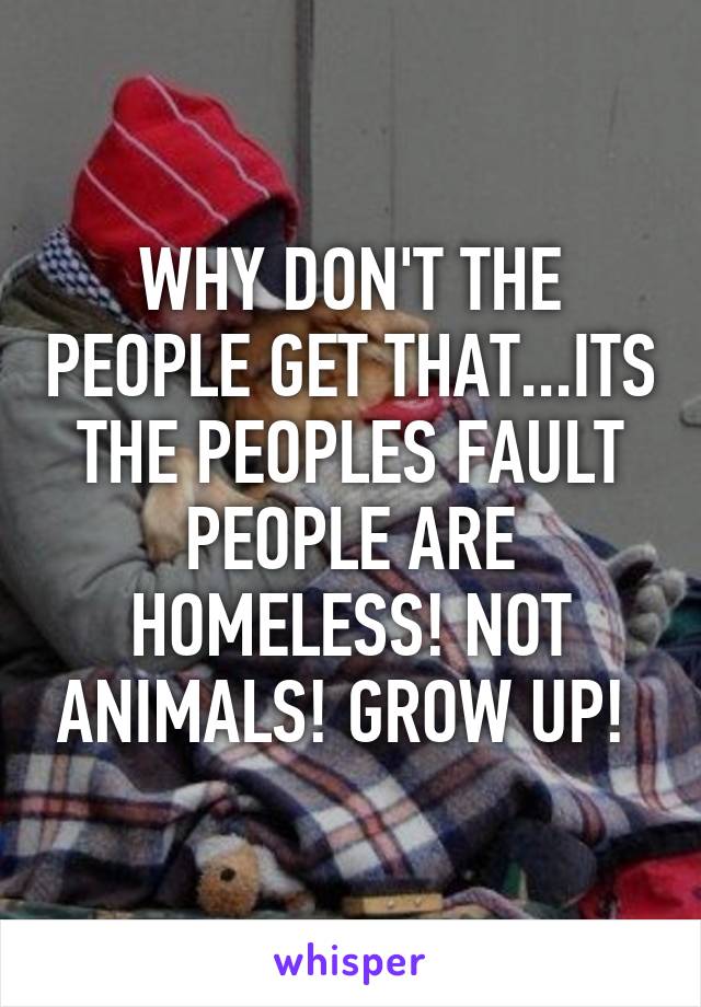 WHY DON'T THE PEOPLE GET THAT...ITS THE PEOPLES FAULT PEOPLE ARE HOMELESS! NOT ANIMALS! GROW UP! 