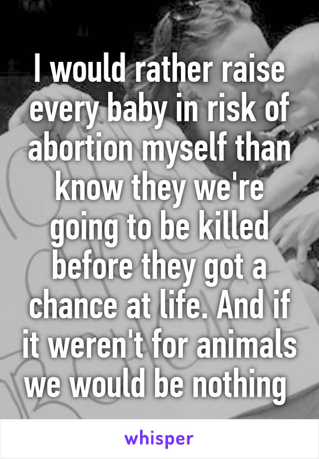 I would rather raise every baby in risk of abortion myself than know they we're going to be killed before they got a chance at life. And if it weren't for animals we would be nothing 