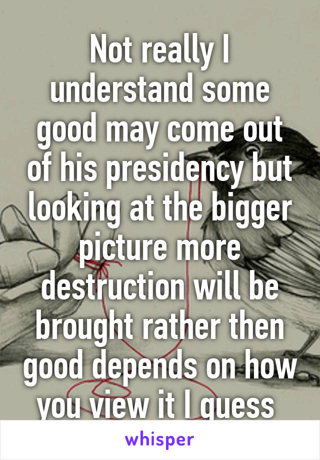 Not really I understand some good may come out of his presidency but looking at the bigger picture more destruction will be brought rather then good depends on how you view it I guess 