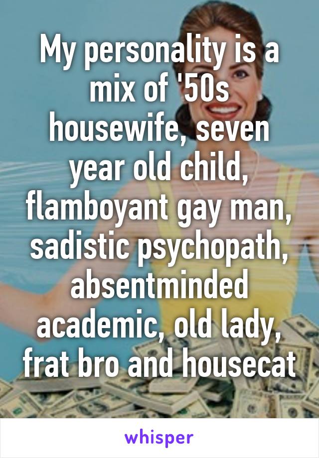 My personality is a mix of '50s housewife, seven year old child, flamboyant gay man, sadistic psychopath, absentminded academic, old lady, frat bro and housecat 