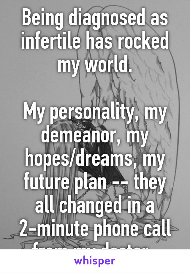 Being diagnosed as infertile has rocked my world.

My personality, my demeanor, my hopes/dreams, my future plan -- they all changed in a 2-minute phone call from my doctor. 