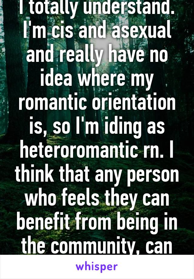 I totally understand. I'm cis and asexual and really have no idea where my romantic orientation is, so I'm iding as heteroromantic rn. I think that any person who feels they can benefit from being in the community, can be a part of it. 