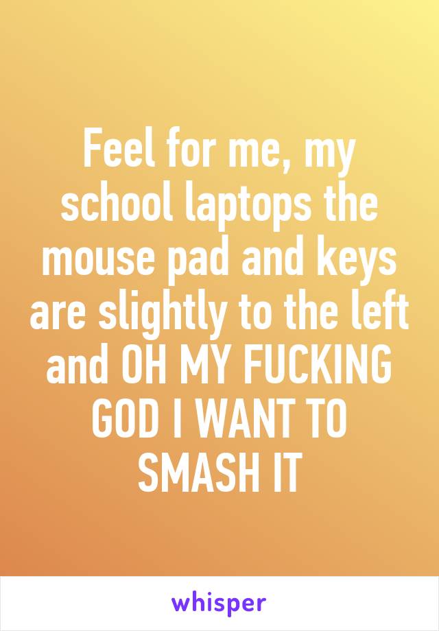 Feel for me, my school laptops the mouse pad and keys are slightly to the left and OH MY FUCKING GOD I WANT TO SMASH IT