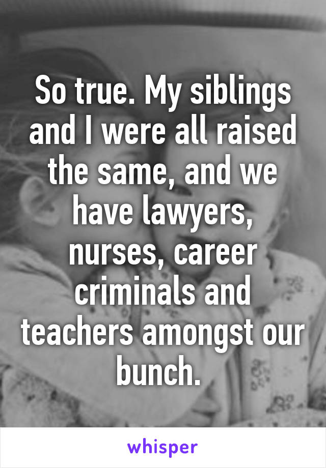 So true. My siblings and I were all raised the same, and we have lawyers, nurses, career criminals and teachers amongst our bunch. 