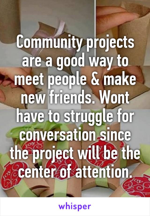 Community projects are a good way to meet people & make new friends. Wont have to struggle for conversation since the project will be the center of attention.