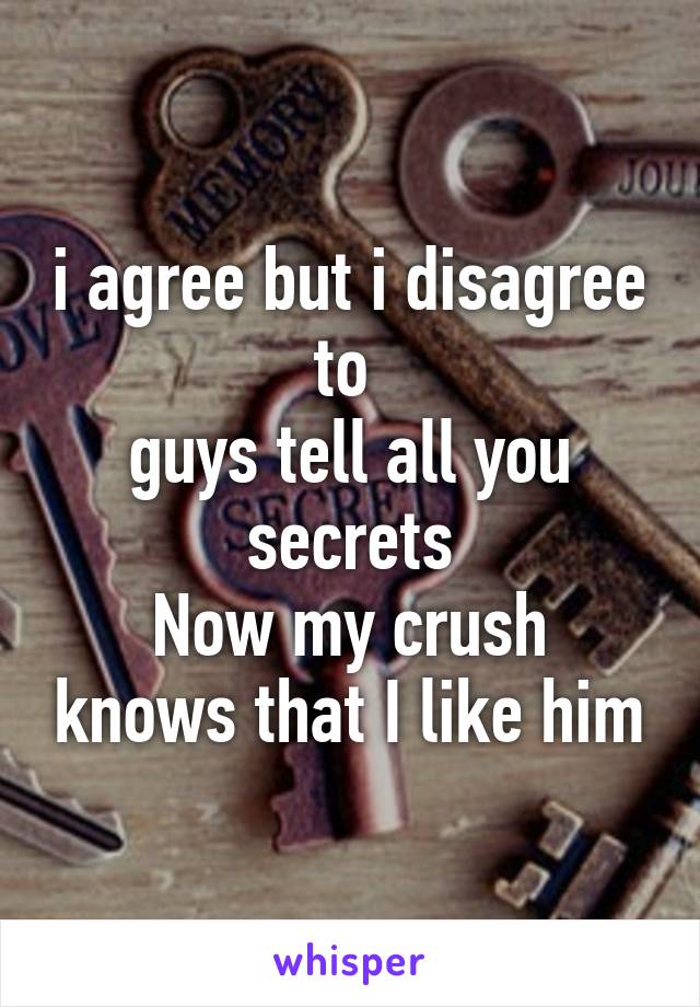 i agree but i disagree to 
guys tell all you secrets
Now my crush knows that I like him