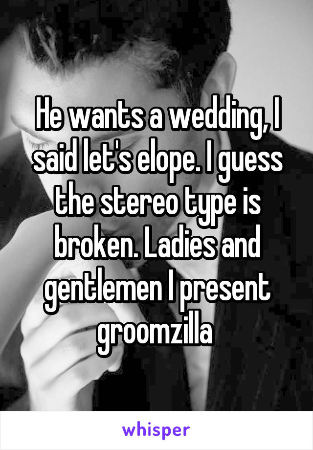 He wants a wedding, I said let's elope. I guess the stereo type is broken. Ladies and gentlemen I present groomzilla 