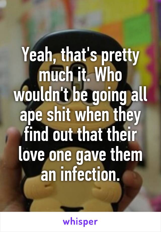 Yeah, that's pretty much it. Who wouldn't be going all ape shit when they find out that their love one gave them an infection.