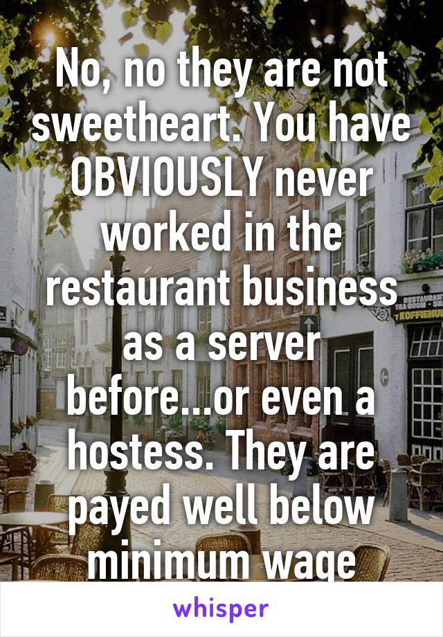 No, no they are not sweetheart. You have OBVIOUSLY never worked in the restaurant business as a server before...or even a hostess. They are payed well below minimum wage