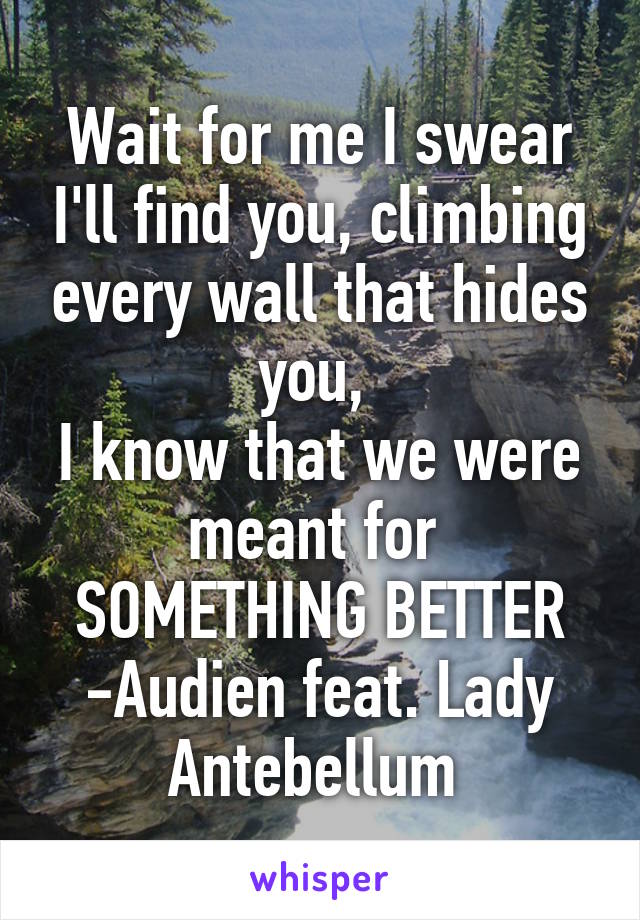 Wait for me I swear I'll find you, climbing every wall that hides you, 
I know that we were meant for 
SOMETHING BETTER
-Audien feat. Lady Antebellum 