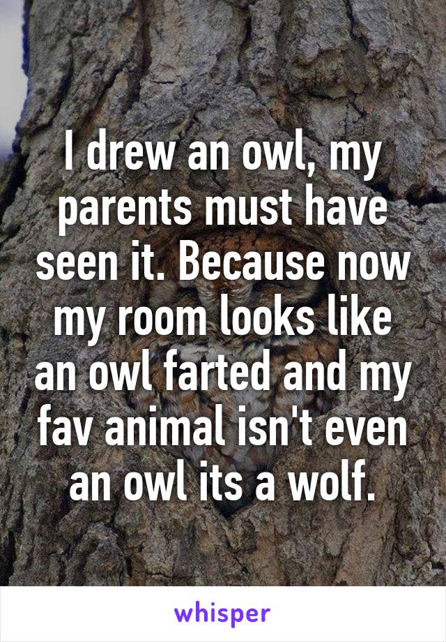 I drew an owl, my parents must have seen it. Because now my room looks like an owl farted and my fav animal isn't even an owl its a wolf.