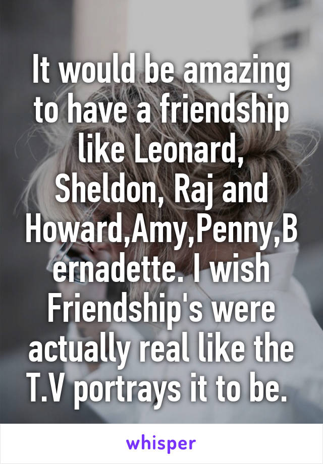 It would be amazing to have a friendship like Leonard, Sheldon, Raj and Howard,Amy,Penny,Bernadette. I wish Friendship's were actually real like the T.V portrays it to be. 