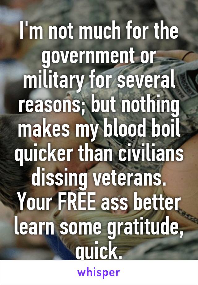 I'm not much for the government or military for several reasons; but nothing makes my blood boil quicker than civilians dissing veterans. Your FREE ass better learn some gratitude, quick.