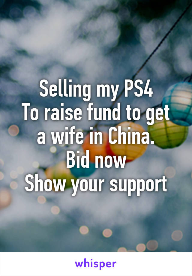 Selling my PS4
To raise fund to get a wife in China.
Bid now
Show your support