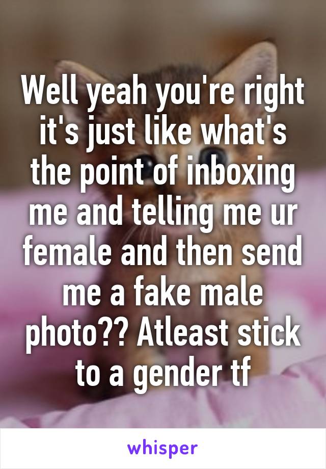 Well yeah you're right it's just like what's the point of inboxing me and telling me ur female and then send me a fake male photo?? Atleast stick to a gender tf