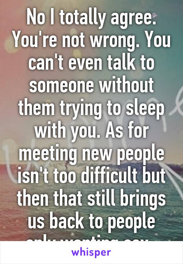 No I totally agree. You're not wrong. You can't even talk to someone without them trying to sleep with you. As for meeting new people isn't too difficult but then that still brings us back to people only wanting sex. 