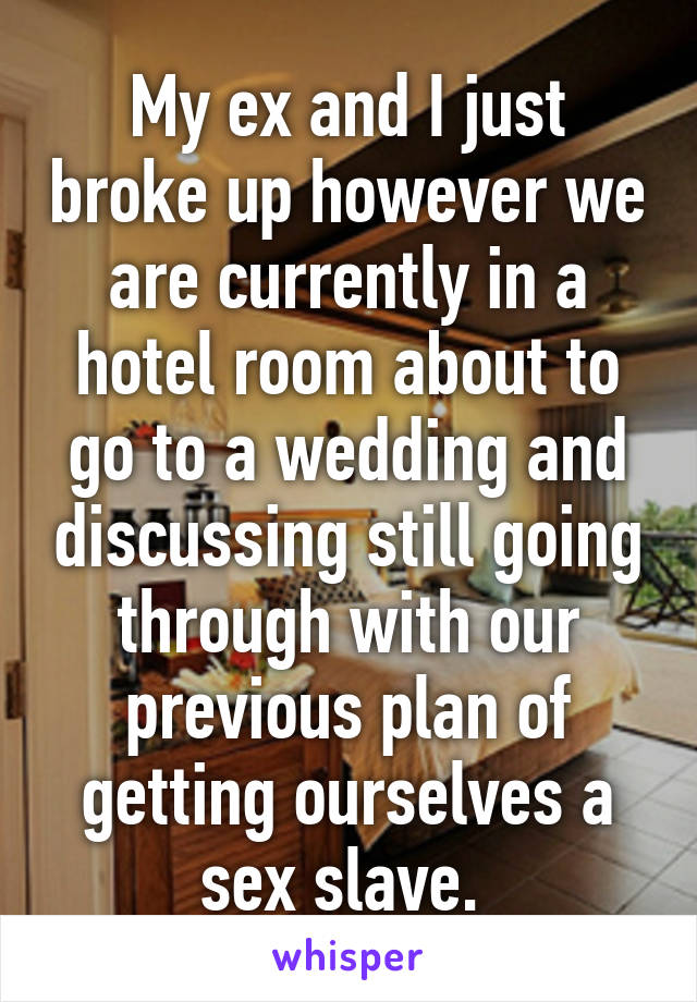 My ex and I just broke up however we are currently in a hotel room about to go to a wedding and discussing still going through with our previous plan of getting ourselves a sex slave. 