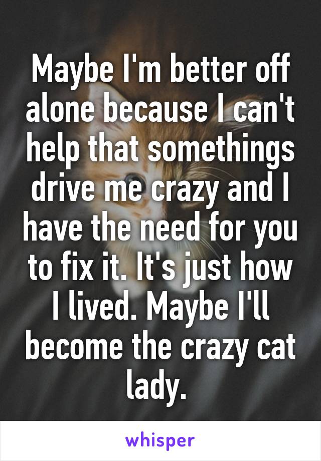 Maybe I'm better off alone because I can't help that somethings drive me crazy and I have the need for you to fix it. It's just how I lived. Maybe I'll become the crazy cat lady. 