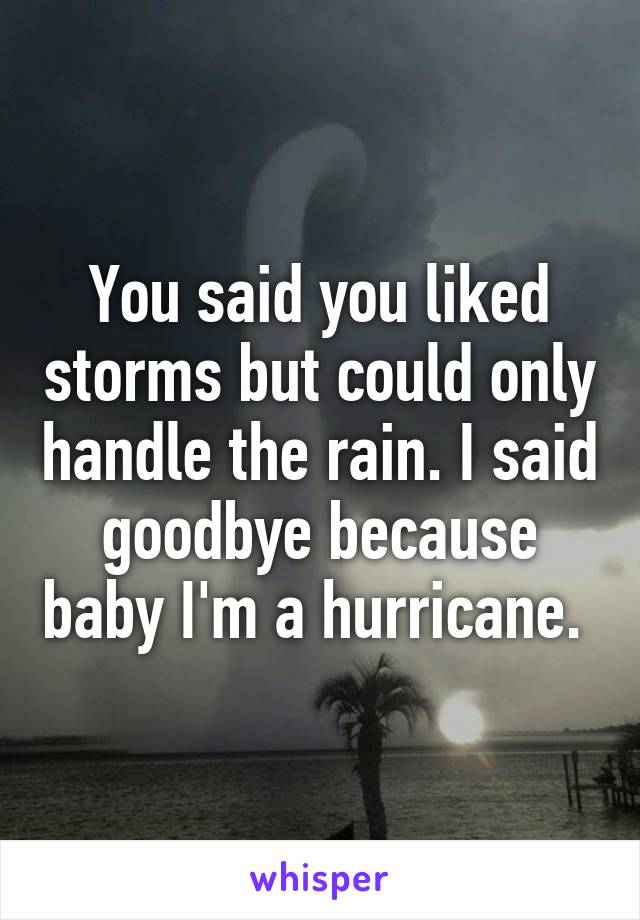 You said you liked storms but could only handle the rain. I said goodbye because baby I'm a hurricane. 