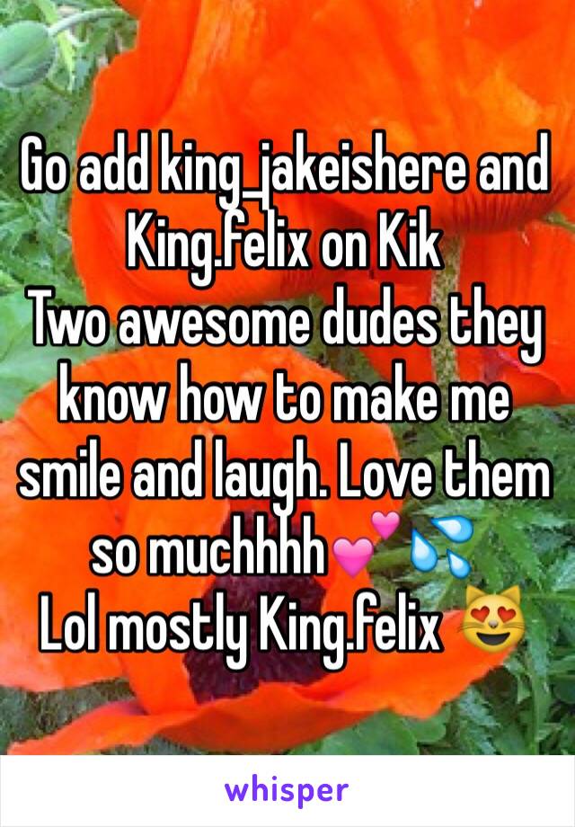 Go add king_jakeishere and King.felix on Kik
Two awesome dudes they know how to make me smile and laugh. Love them so muchhhh💕💦
Lol mostly King.felix 😻