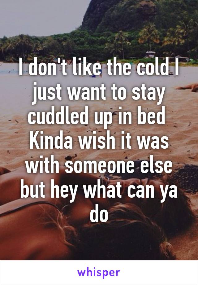 I don't like the cold I just want to stay cuddled up in bed 
Kinda wish it was with someone else but hey what can ya do