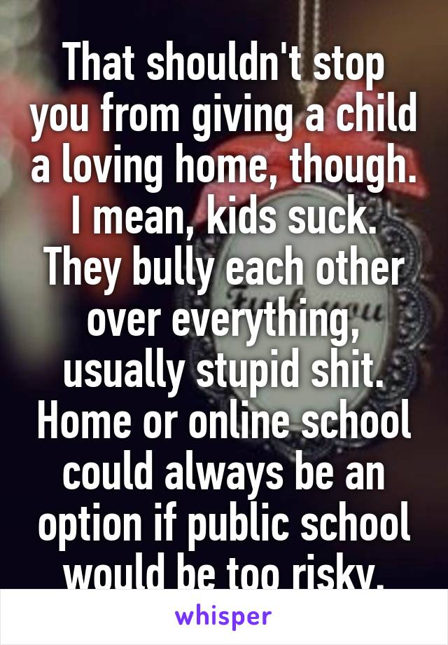 That shouldn't stop you from giving a child a loving home, though. I mean, kids suck. They bully each other over everything, usually stupid shit. Home or online school could always be an option if public school would be too risky.