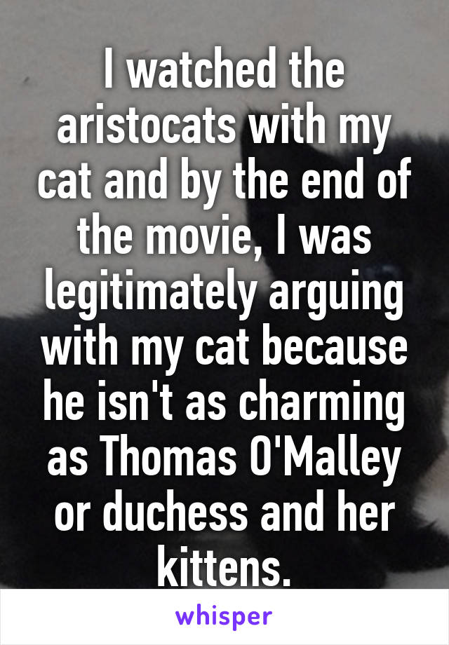 I watched the aristocats with my cat and by the end of the movie, I was legitimately arguing with my cat because he isn't as charming as Thomas O'Malley or duchess and her kittens.