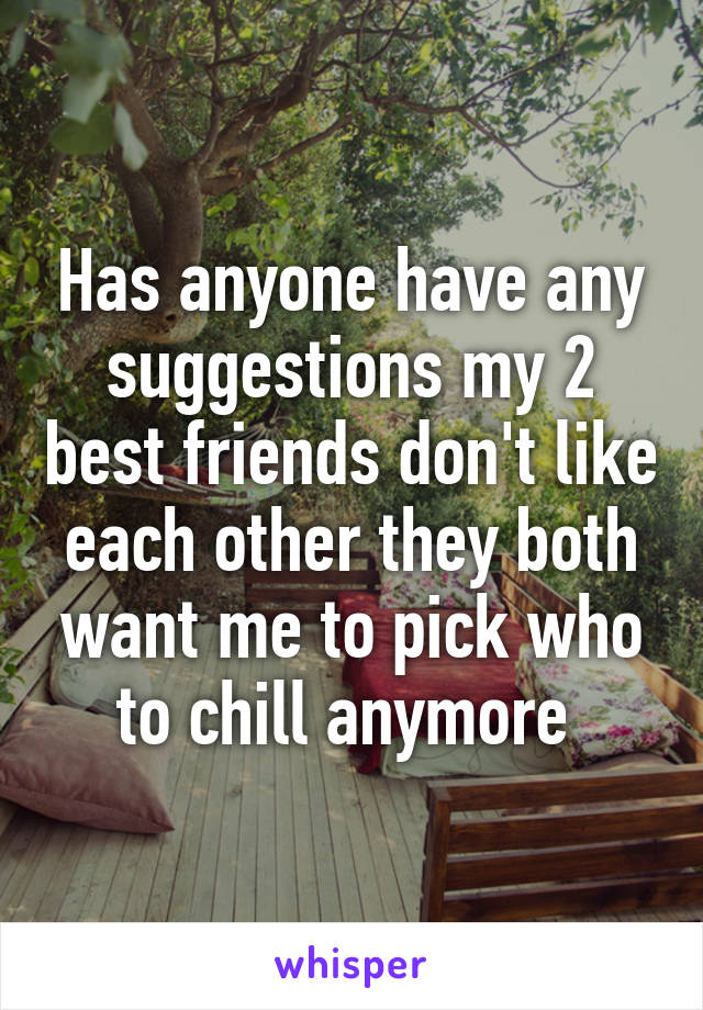 Has anyone have any suggestions my 2 best friends don't like each other they both want me to pick who to chill anymore 