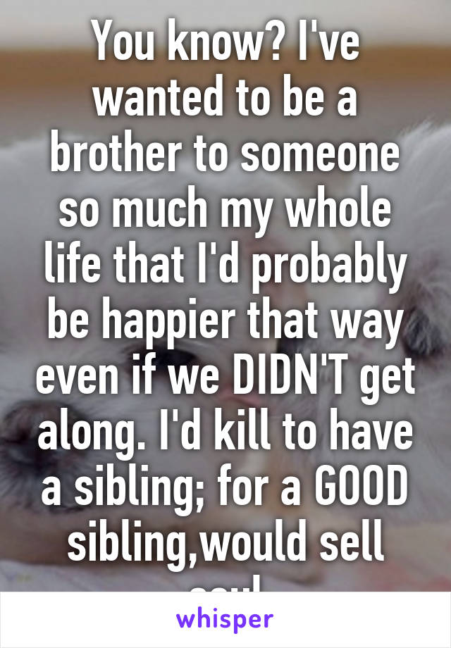 You know? I've wanted to be a brother to someone so much my whole life that I'd probably be happier that way even if we DIDN'T get along. I'd kill to have a sibling; for a GOOD sibling,would sell soul