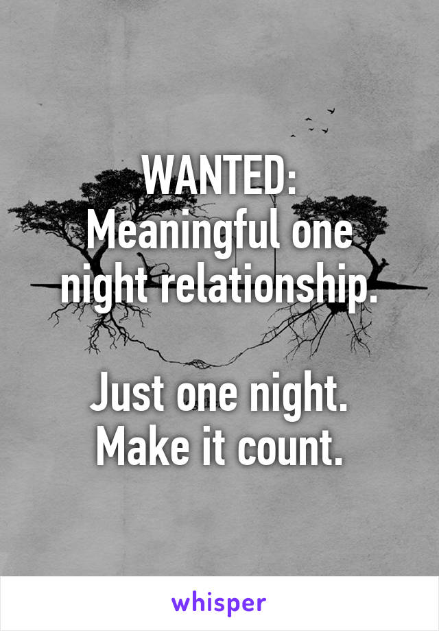 WANTED:
Meaningful one night relationship.

Just one night.
Make it count.