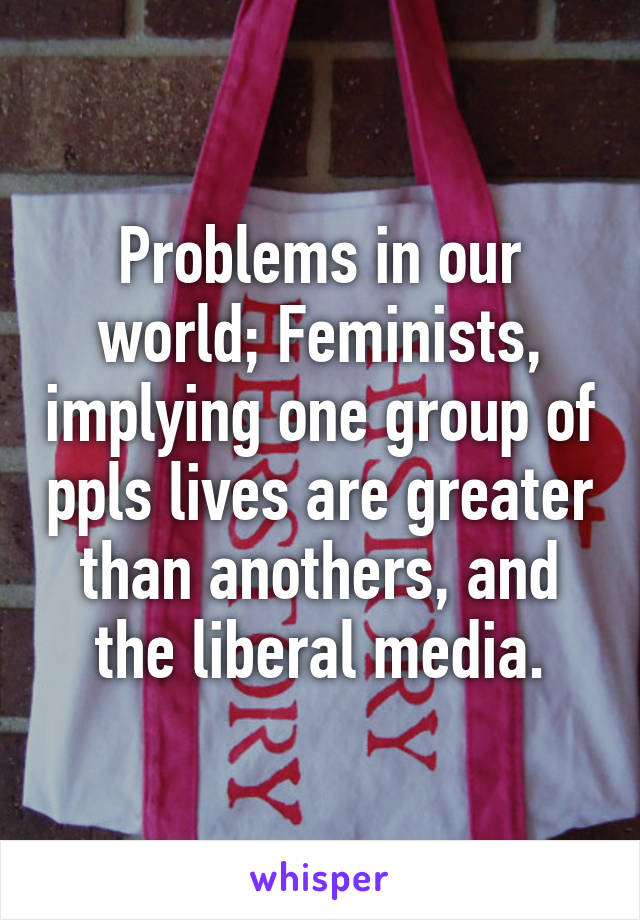 Problems in our world; Feminists, implying one group of ppls lives are greater than anothers, and the liberal media.