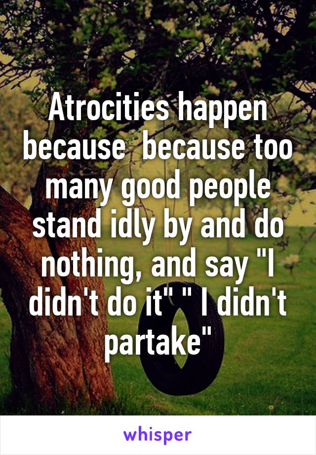 Atrocities happen because  because too many good people stand idly by and do nothing, and say "I didn't do it" " I didn't partake"