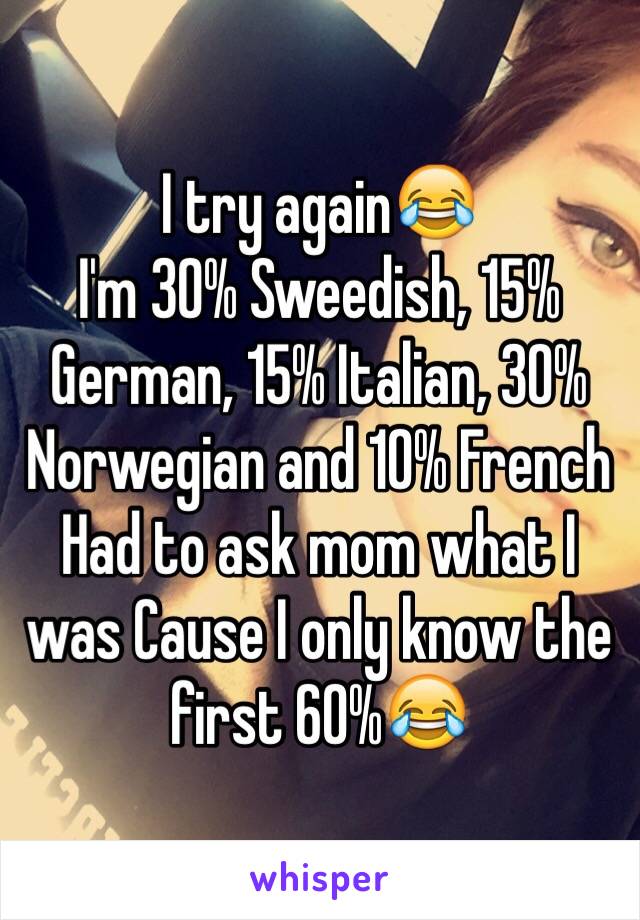 I try again😂
I'm 30% Sweedish, 15% German, 15% Italian, 30% Norwegian and 10% French
Had to ask mom what I was Cause I only know the first 60%😂