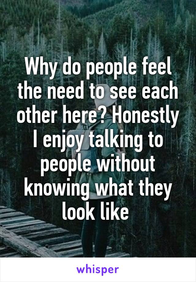 Why do people feel the need to see each other here? Honestly I enjoy talking to people without knowing what they look like 