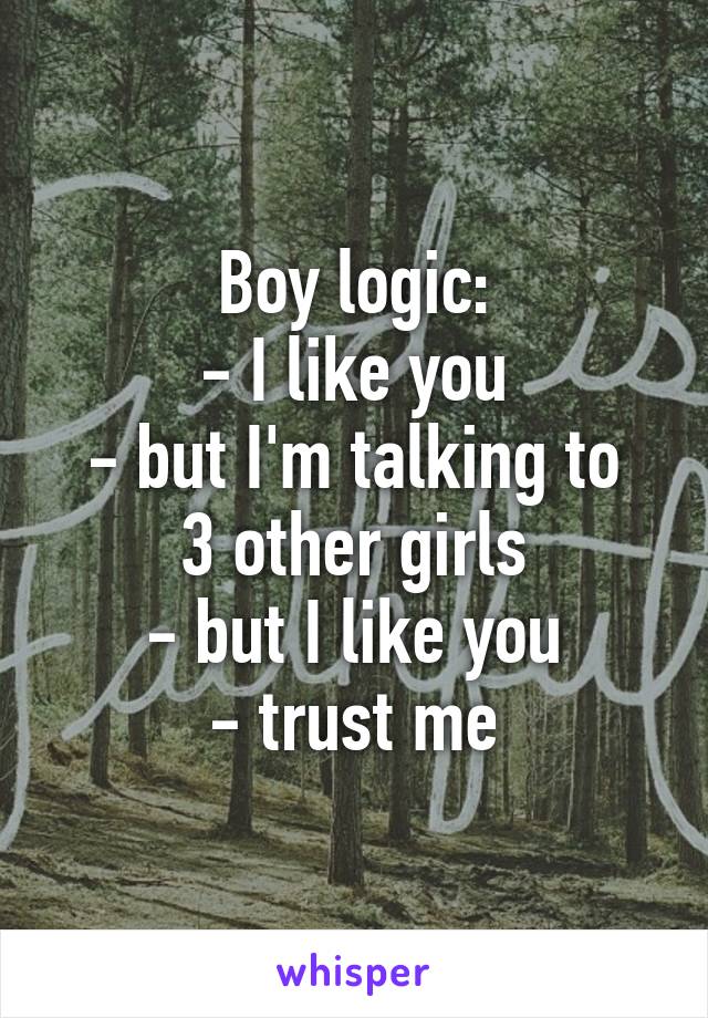 Boy logic:
- I like you
- but I'm talking to 3 other girls
- but I like you
- trust me