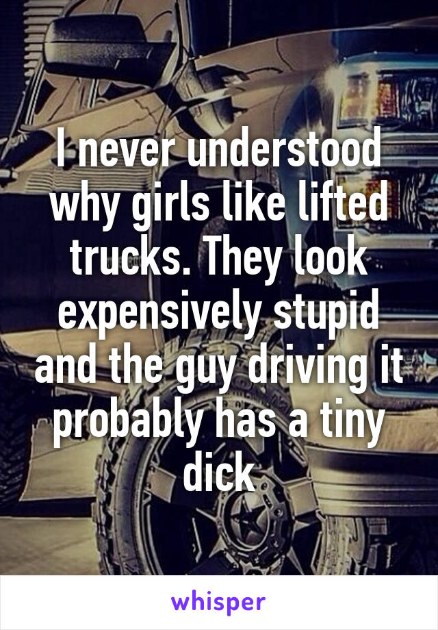 I never understood why girls like lifted trucks. They look expensively stupid and the guy driving it probably has a tiny dick