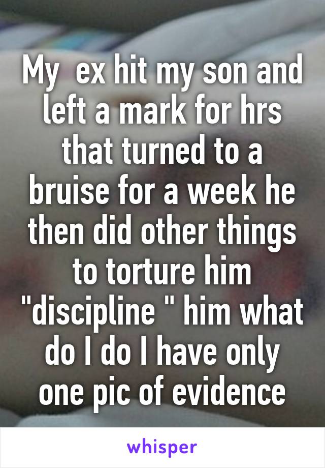 My  ex hit my son and left a mark for hrs that turned to a bruise for a week he then did other things to torture him "discipline " him what do I do I have only one pic of evidence