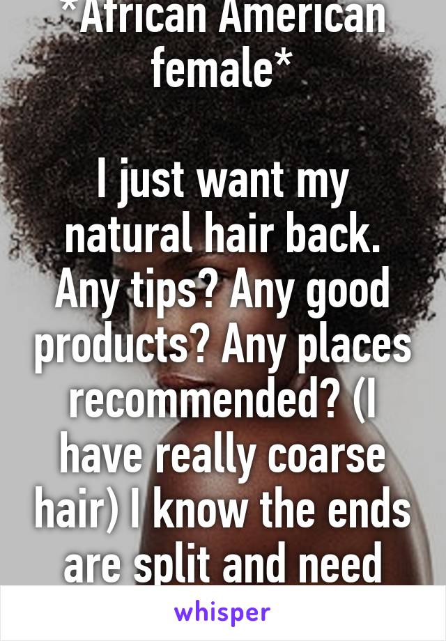 *African American female*

I just want my natural hair back. Any tips? Any good products? Any places recommended? (I have really coarse hair) I know the ends are split and need cut. Columbus, Ohio 