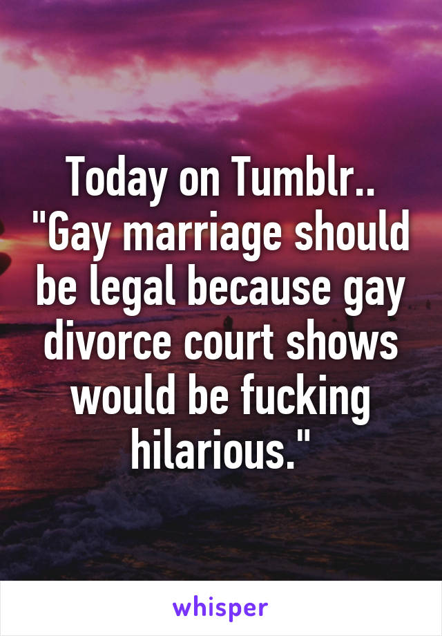 Today on Tumblr.. "Gay marriage should be legal because gay divorce court shows would be fucking hilarious."