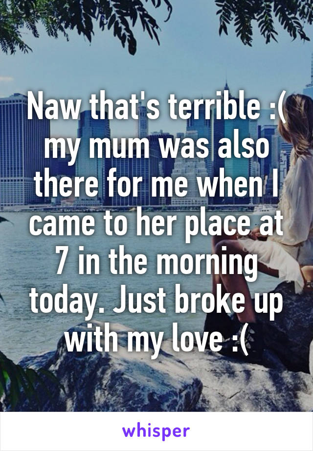 Naw that's terrible :( my mum was also there for me when I came to her place at 7 in the morning today. Just broke up with my love :(