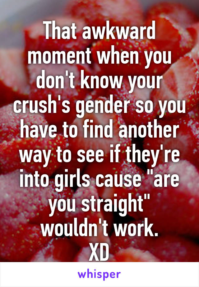 That awkward moment when you don't know your crush's gender so you have to find another way to see if they're into girls cause "are you straight" wouldn't work.
XD