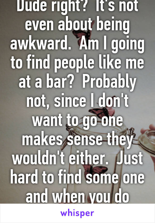 Dude right?  It's not even about being awkward.  Am I going to find people like me at a bar?  Probably not, since I don't want to go one makes sense they wouldn't either.  Just hard to find some one and when you do they're married or 