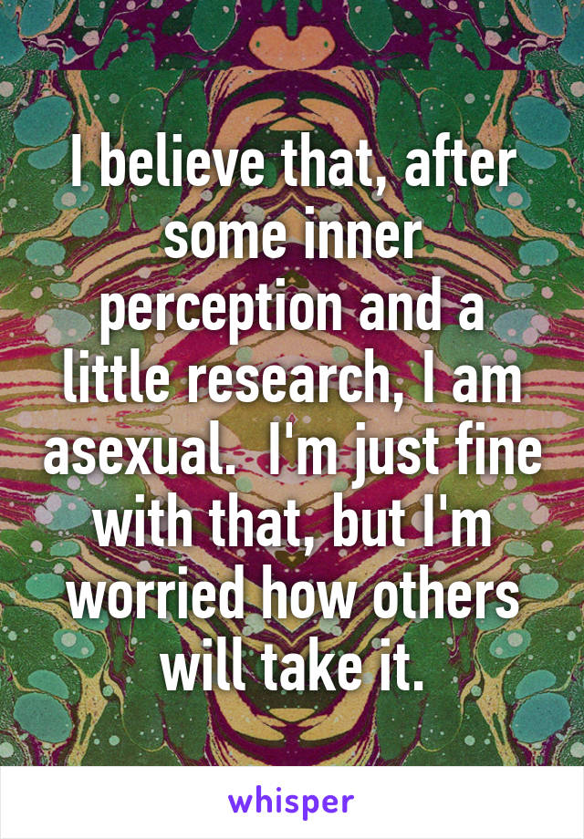 I believe that, after some inner perception and a little research, I am asexual.  I'm just fine with that, but I'm worried how others will take it.