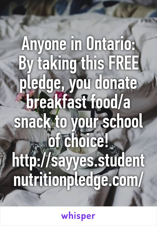 Anyone in Ontario:
By taking this FREE pledge, you donate breakfast food/a snack to your school of choice!
http://sayyes.studentnutritionpledge.com/